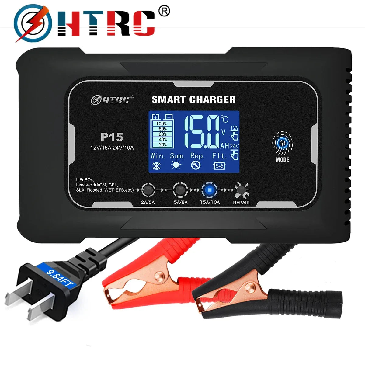 HTRC 12V/24V 15A/20A Car Battery Charger Smart Charger for Lead-Acid PB LiFePO4 Battery 7-Stage Automatic Car Motorcycle Charger