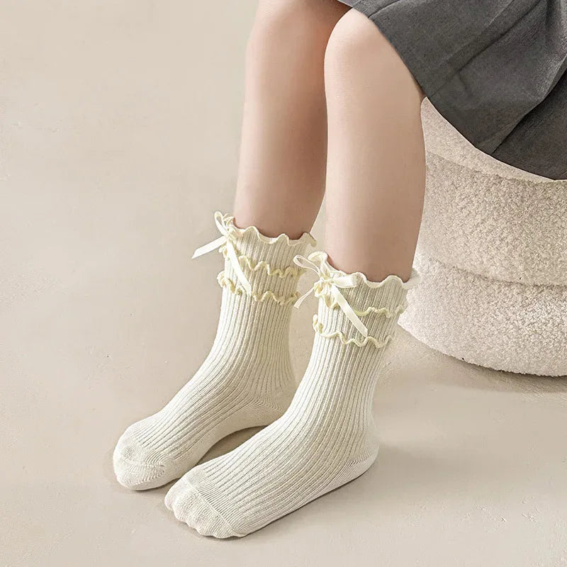 Korean Fashion Lace Lolita Calf Sock for Kids Girl Beige Black Color Ruffle Bow Children Calf Sock Spring Autumn Cotton Sock
