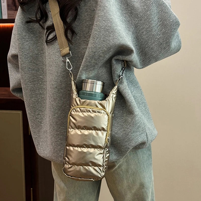 Shoulder Strap Water Bottle Carrier Bag Nylon Front Pocket Water Bottle Holder Down Portable Water Bottle Sling Bag Case Travel