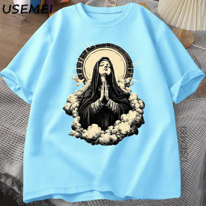Christian T Shirt Virgin Mary Graphic Tshirt Faith Unisex Tee Christmas or Easter T-shirt Tee Shirt Cotton Short Sleeve Clothes