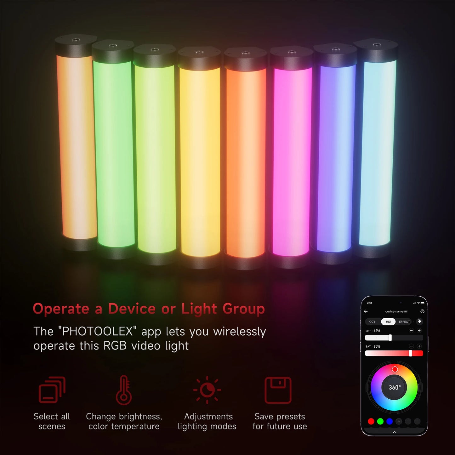 PHOTOOLEX RGB Video Light Handheld Magnetic Tube Light Design  2500K-9000K Photography Studio Lamp 12 Light Effects LED Tube