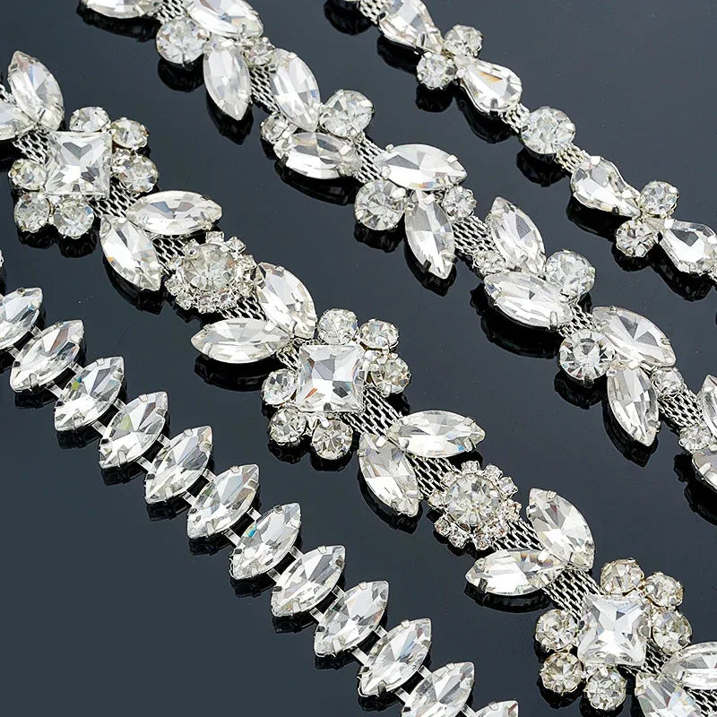QIAO 90cm Rhinestone Crystal Chain Diamante Lace Diamond Trim Ribbon Necklace Applique Gem Sparkle Wedding Dress for DIY Craft