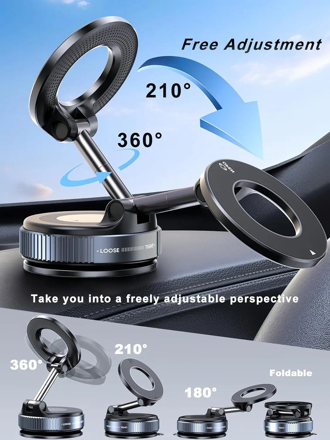 Magnetic Car Phone Holder Foldable Design Upgraded 360° Adjustable Vacuum Suction Cup Bracket for Car Dashboard & Windshield