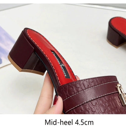 CH Brand Metal Buckle Embossed Sandals With Block Heels Open Toe Design Comfortable And Stylish Outdoor Slippers