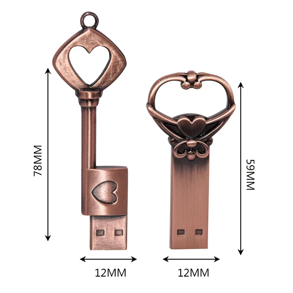10pcs/lot Copper Love Heart Pen Drive 128GB Metal USB 2.0 Flash Drive 64GB Key Memory Stick Creative Gift Pendrive 64GB Storage