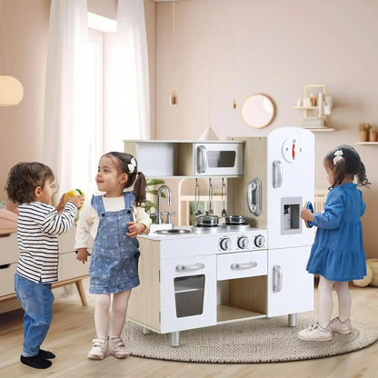 Wooden Play Kitchen Set Pretend Play Kitchen with Lights and Sounds for Kids Ages 3+, Includes Stove Oven Microwave Coffee Maker