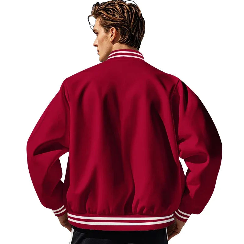 Men's Baseball Jacket with Stand-up Collar Button, Flight Jacket Monochromatic Loose, Casual, American Sports, Autumn and Winter