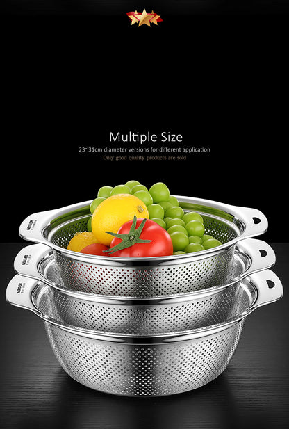 LFGB Certification Kitchen Fruit Vegetable and Rice Washing Basin 23~31cm Diameter Dense Drainage Hole Colander with Side Handle