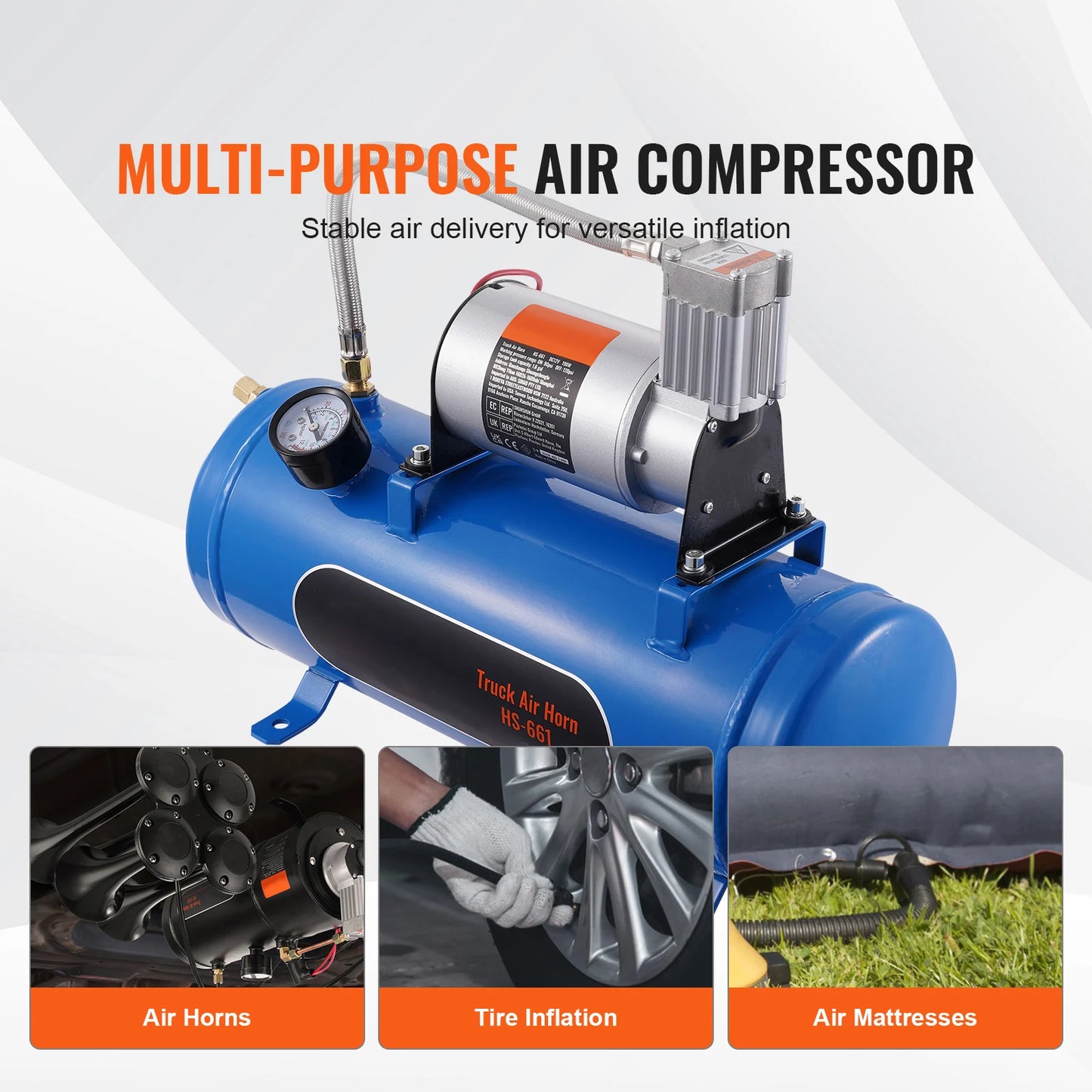 SucceBuy 12V Air Compressor with Tank 1.6 Gallon/6 L 120 psi Onboard Air Compressor System for Train Air Horns Inflating Tires