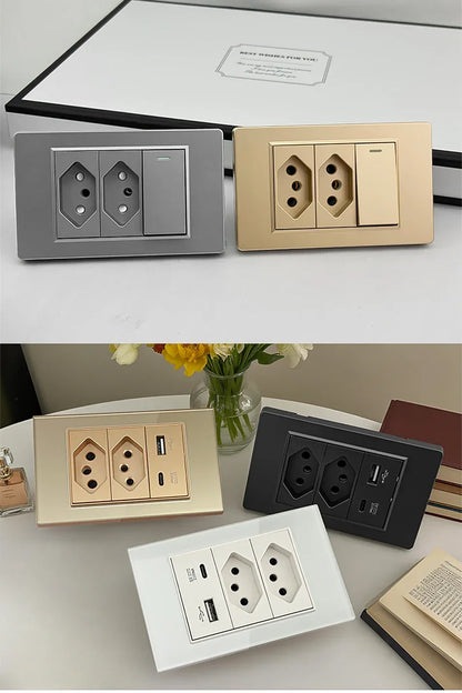 DELEFU 4*2 White Tempered Glass Brazil Standard Outlet with Double USB Type C Wall Power Socket Smart Switch Tuya Wifi 10A 20A
