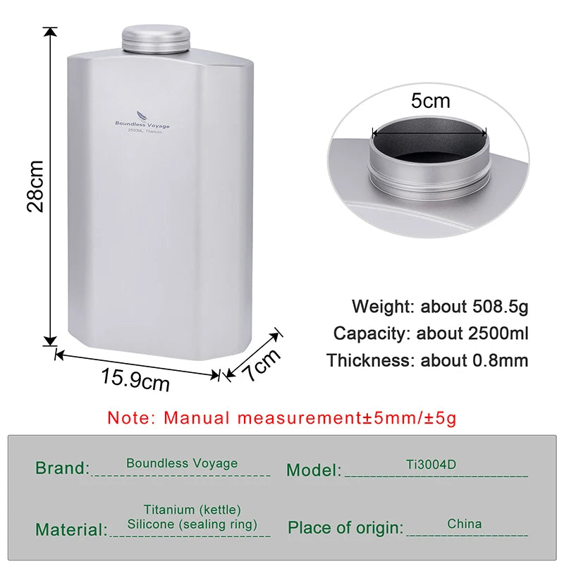 Boundless Voyage Titanium Water Bottle 2.5L/84.55oz Big Capacity Sports Flask Water Jug for Gym, Fitness, Camping Ti3004D