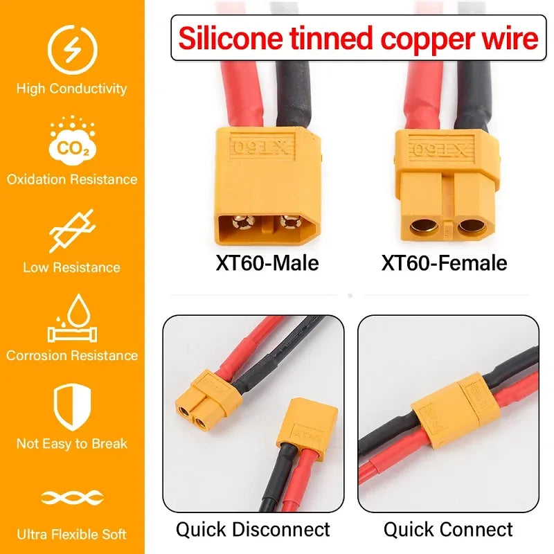 XT60 12AWG Parallel Battery Connector XT60Male/Female Cable Dual Extension 40CM/60CM Silicone Wire for RC Battery Motor