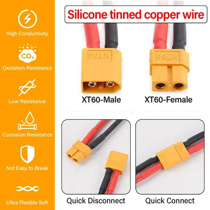 XT60 12AWG Parallel Battery Connector XT60Male/Female Cable Dual Extension 40CM/60CM Silicone Wire for RC Battery Motor