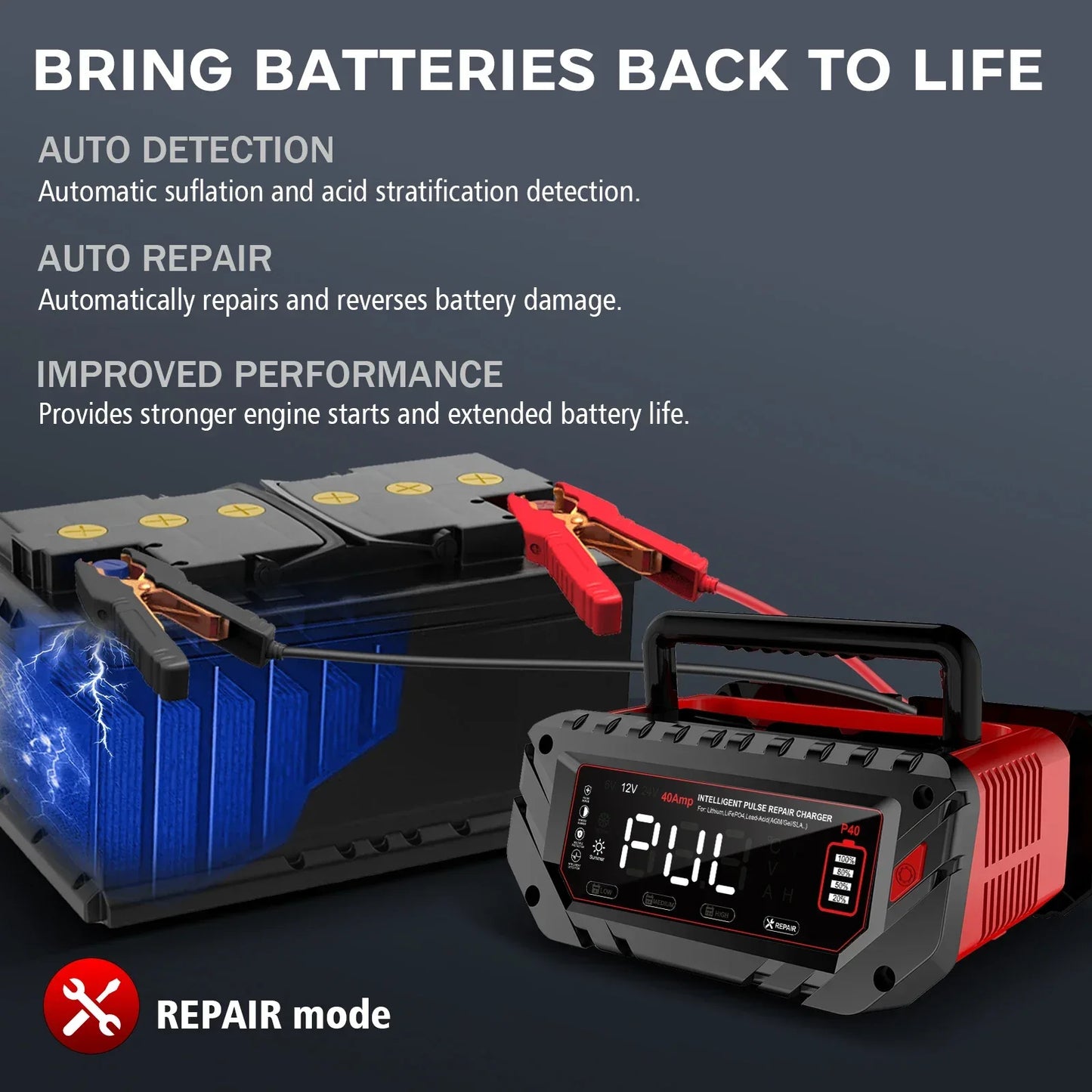 HTRC 40A Car Battery Charger 6V 12V 24V Charger for Lithium LiFePO4 Lead-acid AGM GEL Battery 9-stage Car Motorcycle Charger