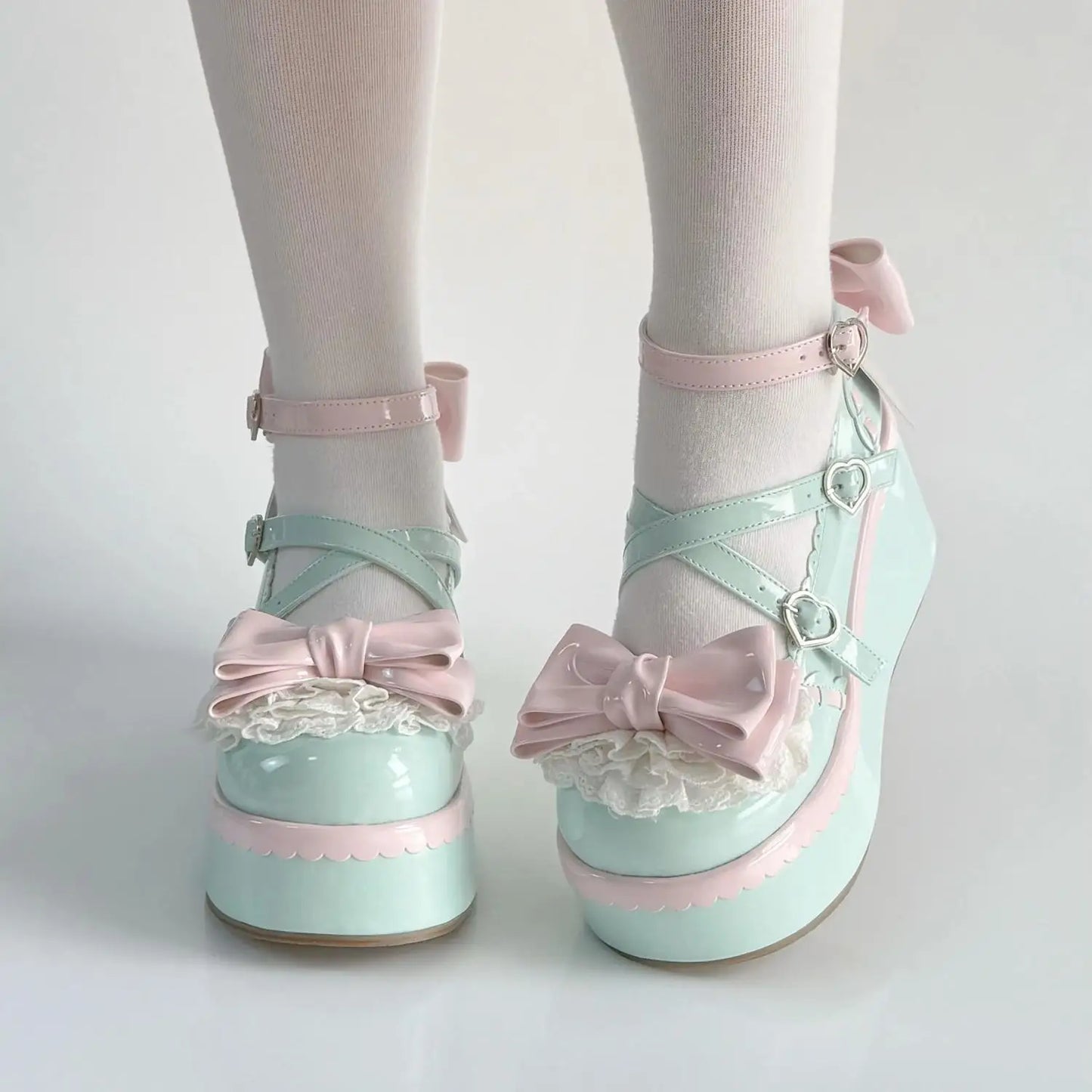 Sweet Lolita Style Girls Flat Platform ,Female Students Cute Bowknots Mary Jane Ankle Strap Elevator Shoes