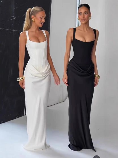 CHNMR Sexy Backless Ruched Maxi Dress for Women U-neck Sleeveless Bandage Bodycon Black Long Dresses Lady Evening Party Gown