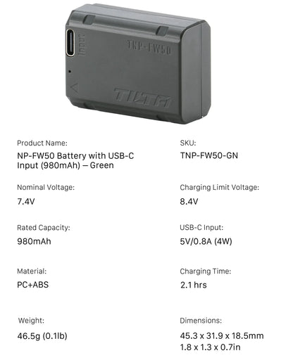 TILTA NP-FZ100 Battery for Sony Camera Battery Portable Charging Station Rechargeable Batteries Battery NP-FZ100/NP-FW50