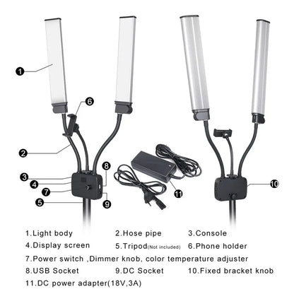 45W LED Video Light Double Arms Fill LED Light Selfie Light Long Strips LED Light for Photo Studio Live Broadcast Tiktok Stream