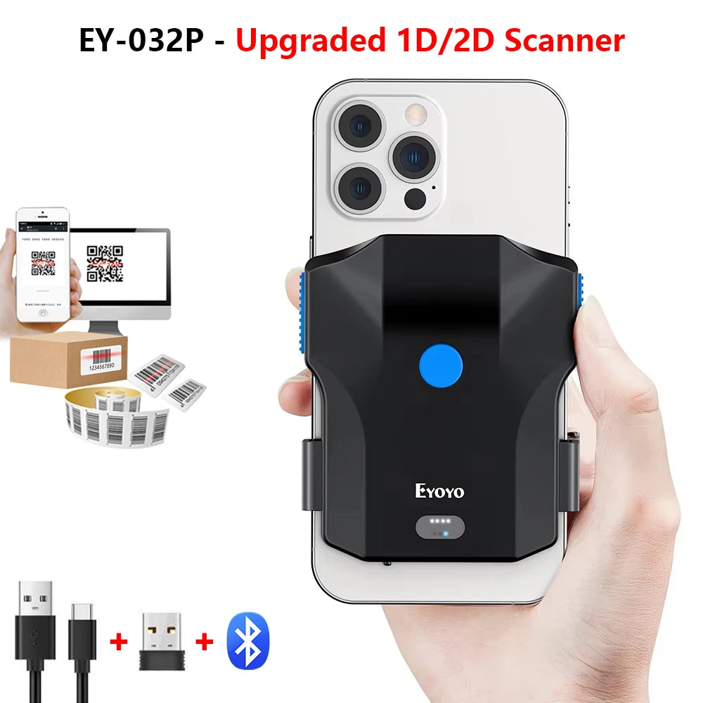 Eyoyo EY-032 Bluetooth Barcode Scanner Back Clip 1D 2D Bar Code Reader with Image Scanning For UPC Library Warehouse Inventory