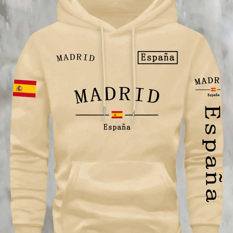 Spanish flag madrid printed Autumn and Winter Warm Cotton Men's Fleece Oversized Hoodie Outdoor Commuter Men's High Elastic top