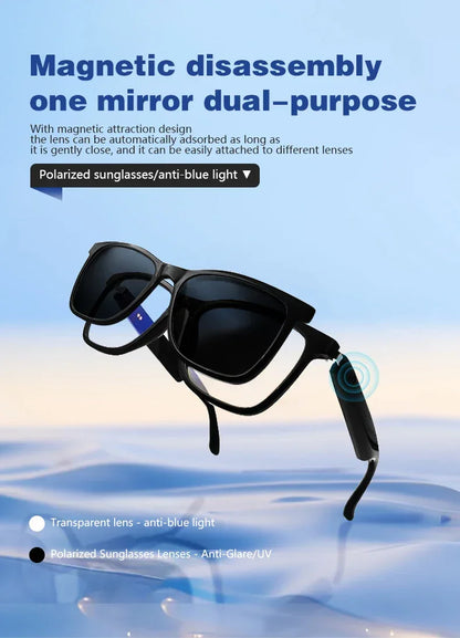 Hot GS05 Smart Glasses For Men 2 in 1 UV Protection Portable Polarized Anti-blue light Black Frame White Lenses Music Sunglasses