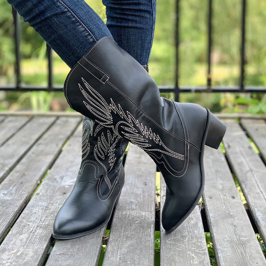 2024 Classic Embroidered Western Cowboy Boots for Women Leather Cowgirl Boots Low Heels Shoes Knee High Woman Boots Size36-43 by PDG ibma