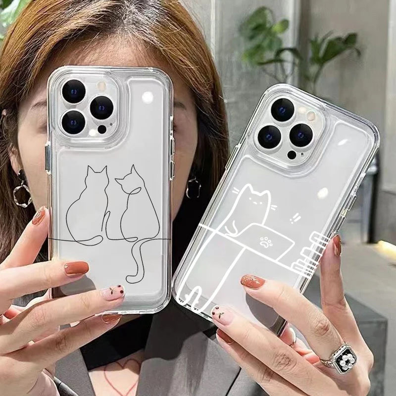 Luxury Shockproof Soft TPU Clear Phone Case For iPhone 17 11 12 13 14 15 16 Pro Max 16 Plus 16E 17 Air With Cute Line Cat Cover
