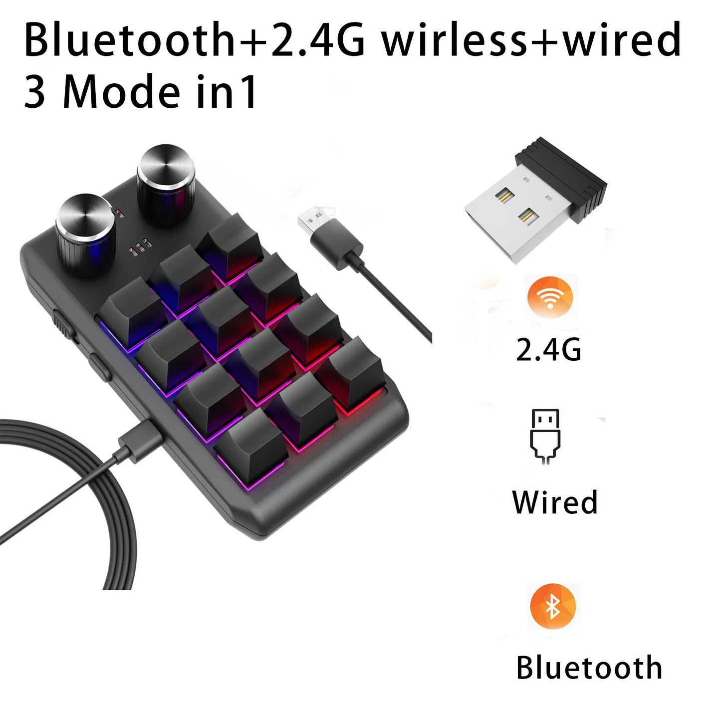 12 Key 2 Knob Mini Macro Custom Keyboard Bluetooth/3 Modes Programming Mechanical Keyboard Gaming Drawing Switch Hot-swap Keypad