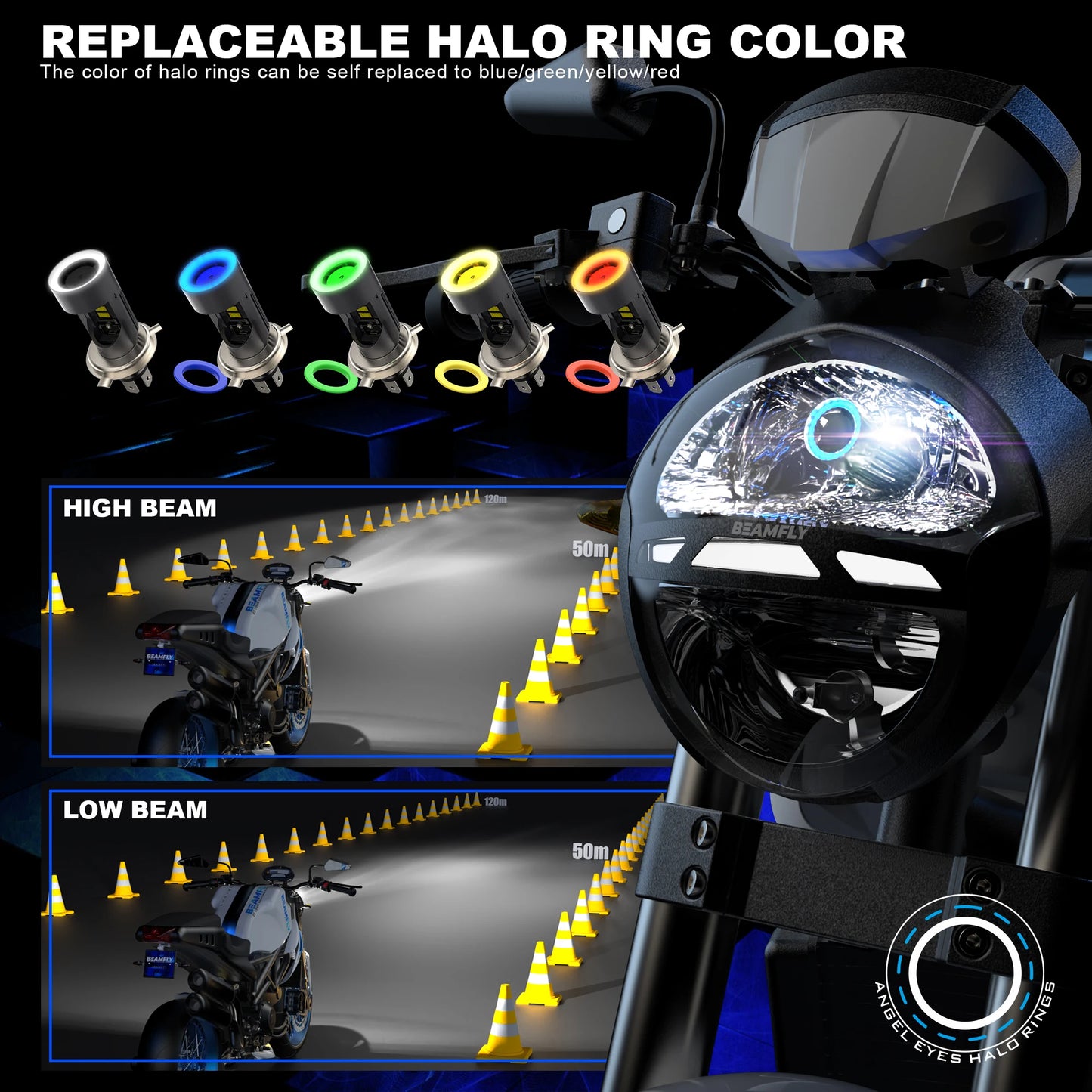 30W LED Headlight Bulb H4 Five Color Halo Ring HS1 P43T Auto Headlight EyeSuper 6000K Csp Plug&Play Motorcycle Bulb 1PC 12/24V
