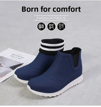 Fashionable Winter Short Ankle Women's Rain Boots Waterproof Slip Resistant Car Wash Shoes Adult Fleece Lined PVC Ladies Footwea