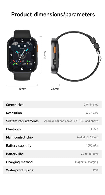 2026 2.04-inch Ultra Smart Watch 1000mAh High Capacity Battery Outdoor Sports Fitness Health Monitoring Smartwatch For Men Women