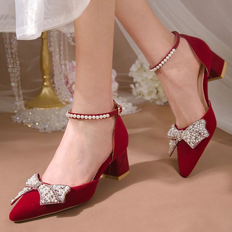 Maogu 2023 Pearl Bowtie Ankle Strap High Heels Shoes Woman Beige Red Bling Crystal Wedding Shoes Elegant Med Heels Women's Pumps