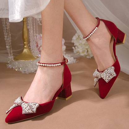 Maogu 2023 Pearl Bowtie Ankle Strap High Heels Shoes Woman Beige Red Bling Crystal Wedding Shoes Elegant Med Heels Women's Pumps