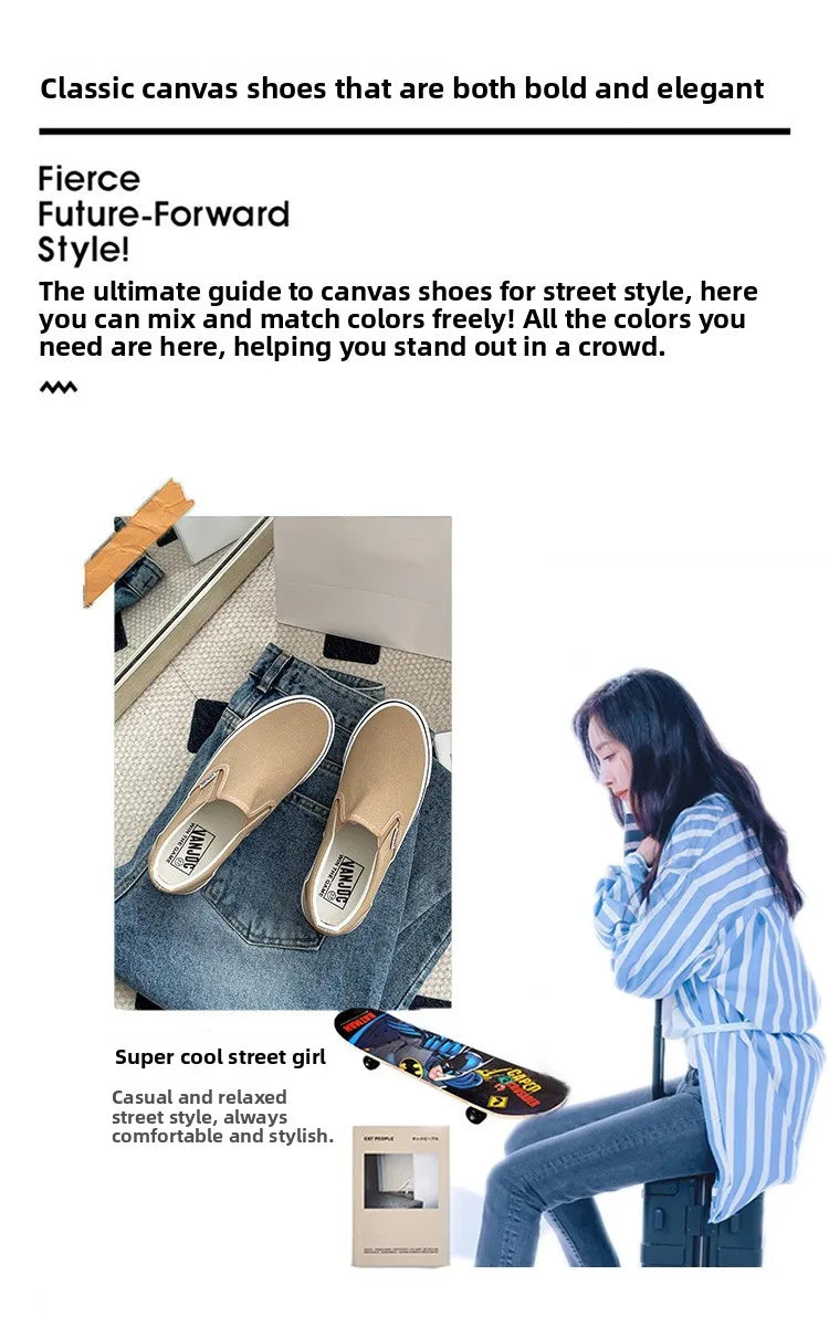 Women's Slip-On Canvas Shoes Summer 2026 Korean Style Student Flat Rubber Sole Wear-Resistant Low Cut Flat Heel Street Fashion