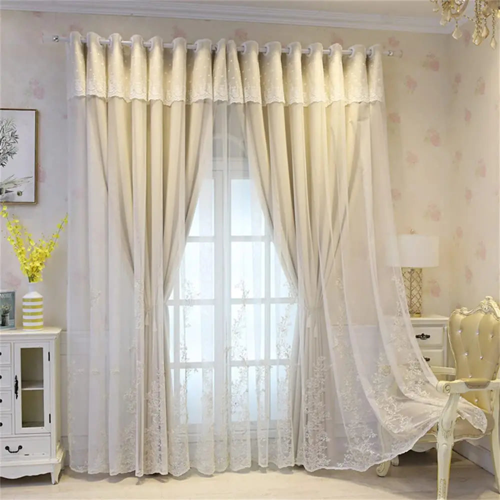 Luxury Beige Double Layer Embroidery Blackout Curtain for Bedroom Living Room European Delicate Sheer Plus Darkening Cloth Drape