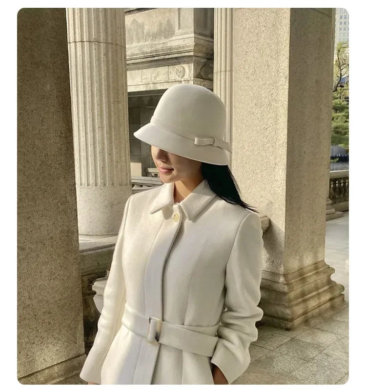 2024 Autumn Spring Fedoras Women Hat Elegant Vintage Bowknot Wool Ladies Hat Dome Felt Wedding Church Jazz Cap Female Bow Bowler