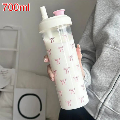 Cute Pink Bow Straw Water Bottle Fashionable Travel Safe Odorless Large-capacity Portable Water Bottle For Travel