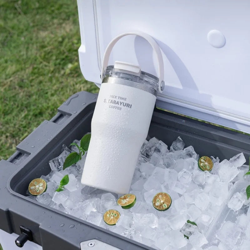 JUSTINLAU 600/900ml Insulated Cups Stainless Steel Double-drinking Thermos Cup with Handle& Straw Sports Bottle Car Ice Tumbler