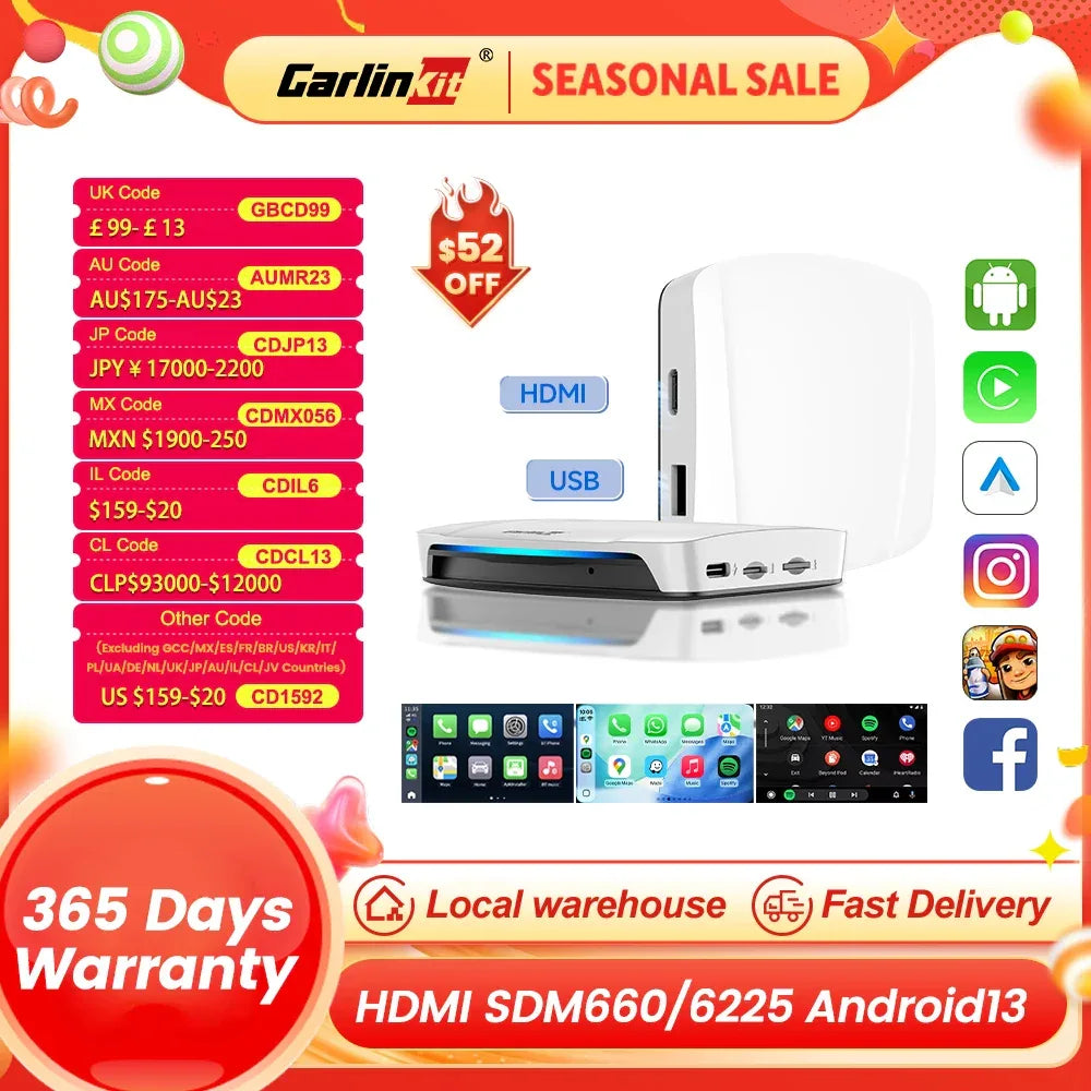 HDMI CarlinKit Android 13 CarPlay Ai Box SDM660 6225 Wireless CarPlay Android Auto Video TV Streaming Box for OEM Car 8G+128G