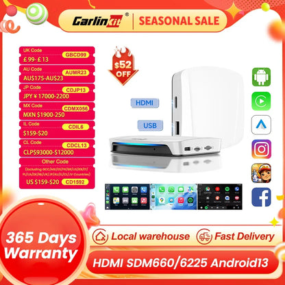 HDMI CarlinKit Android 13 CarPlay Ai Box SDM660 6225 Wireless CarPlay Android Auto Video TV Streaming Box for OEM Car 8G+128G