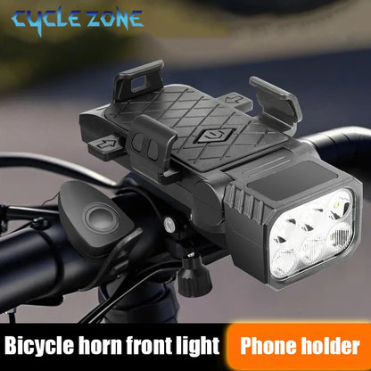 Bicycle Front Light with Horn & Phone Holder Cycling Bicycle Headlight Multifunctional Phone Holder Lamp Cycling Accessories