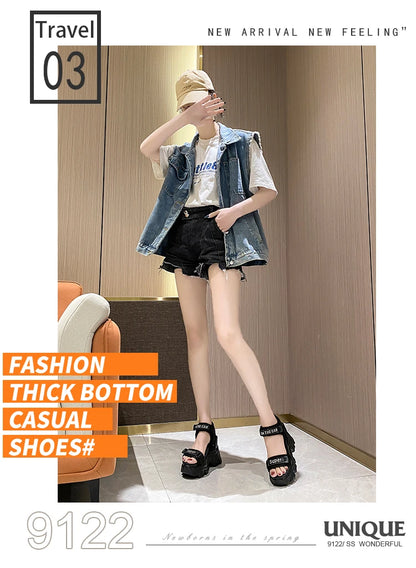 New Summer Black Women High Platform Sandals 11CM Wedge Heels Bling Slippers Peep Toe High Heels White Leather Chunky Flip-Flops