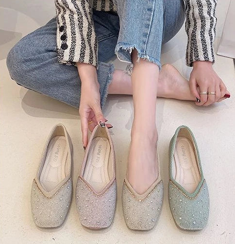 Shoes for Woman 2025 Diamond Flats Women's Summer Footwear Flat Square Toe Pink with Crystals Rhinestone Office 39 Beau Today E