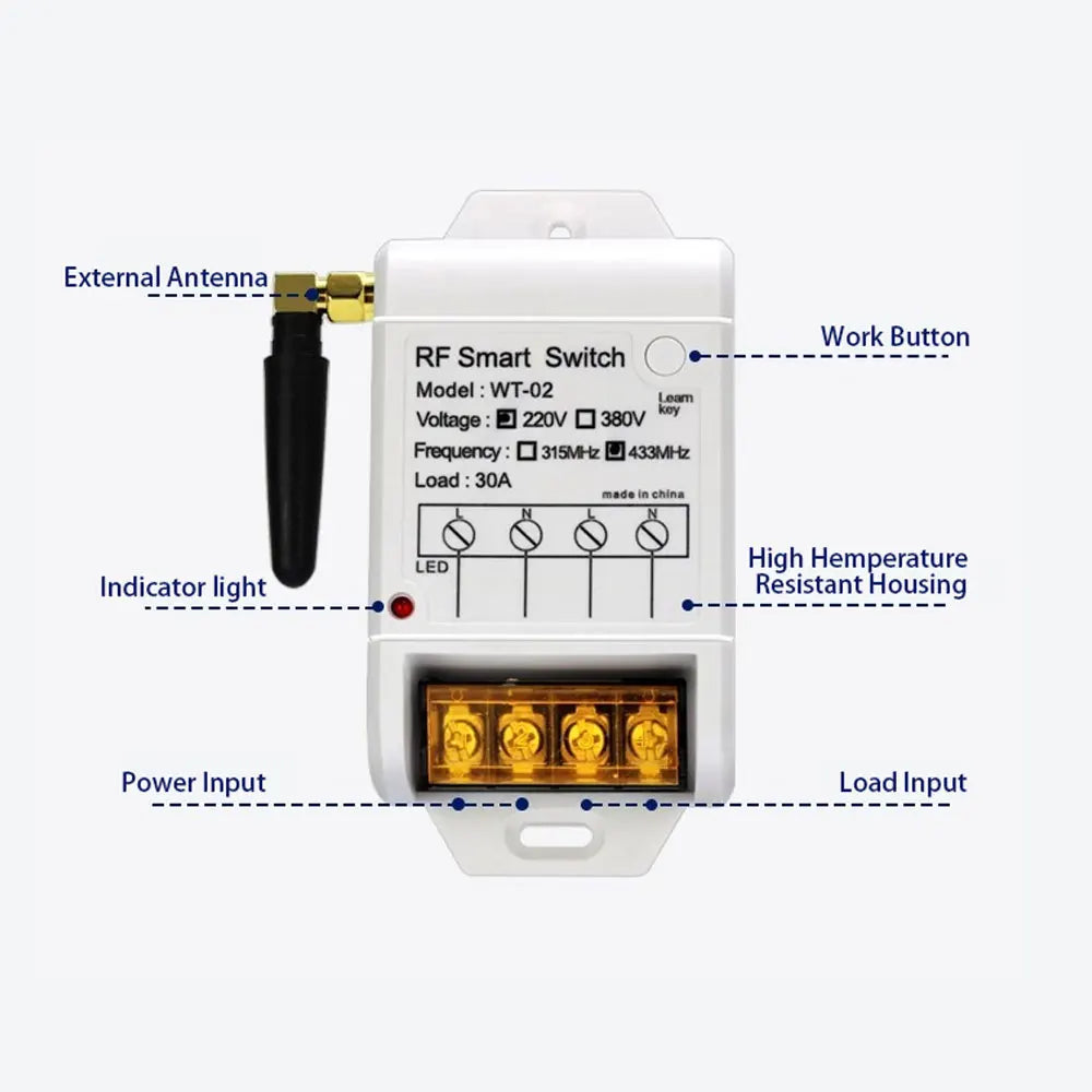 433MHz AC 220V 380V RF Remote Control Switch 30A Relay 2 Buttons Long Range Remote for Water Pump Home Outdoor Light Control