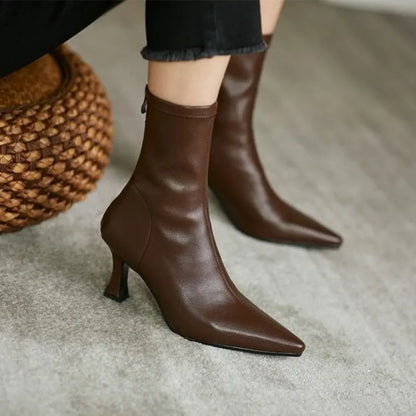 Women High Heel Short Leather Boots  New Boots Female Pointed Thin Heel Boots Ladies Ankle Short Boots Botas De Mujer 2024