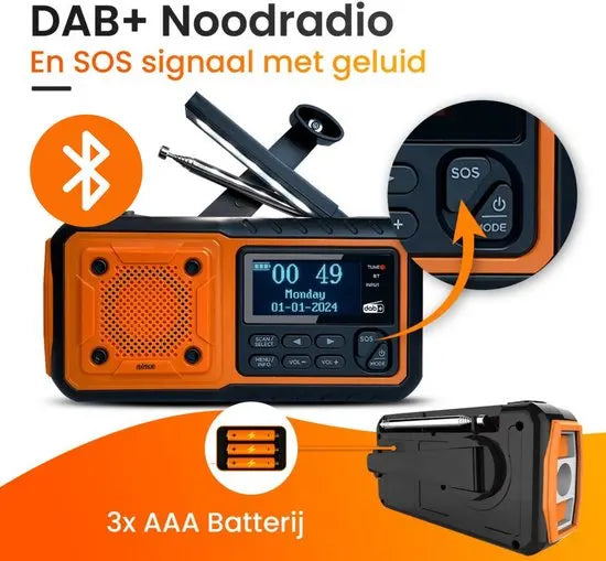 Solar Crank DAB+ FM Radio with 5000 mAh Power Bank,  Bluetooth speaker Emergency Radio, USB-C  Phone Charge, SOS Alarm, Torch