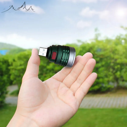 Lampe torche USB mini en alliage d'aluminium, lumière LED puissante, éclairage d'appoint pour le camping, la pêche et la randonnée.