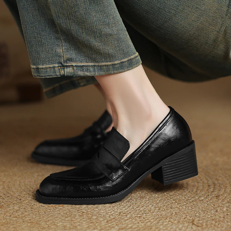 2026 New Spring Genuine Leather Women Shoes Round Toe Women Pumps Brogue Designs Shoes for Women High Heel Loafers Ladies Shoes