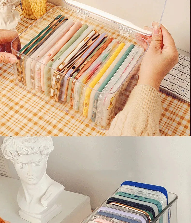 Ins Transparent Phone Case Organizer Storage Box with Cover Home Desktop Acrylic Sundries Storage Basket Phone Case Holder