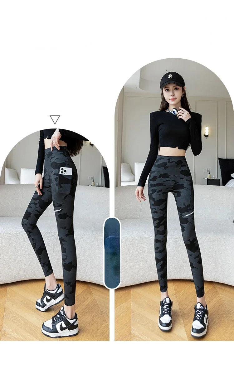 Women Camo Shark Pants High Waist Pocket Leggings Big Size Stretchy Casual Pants Fashion Skinny Yoga Fitness Pants